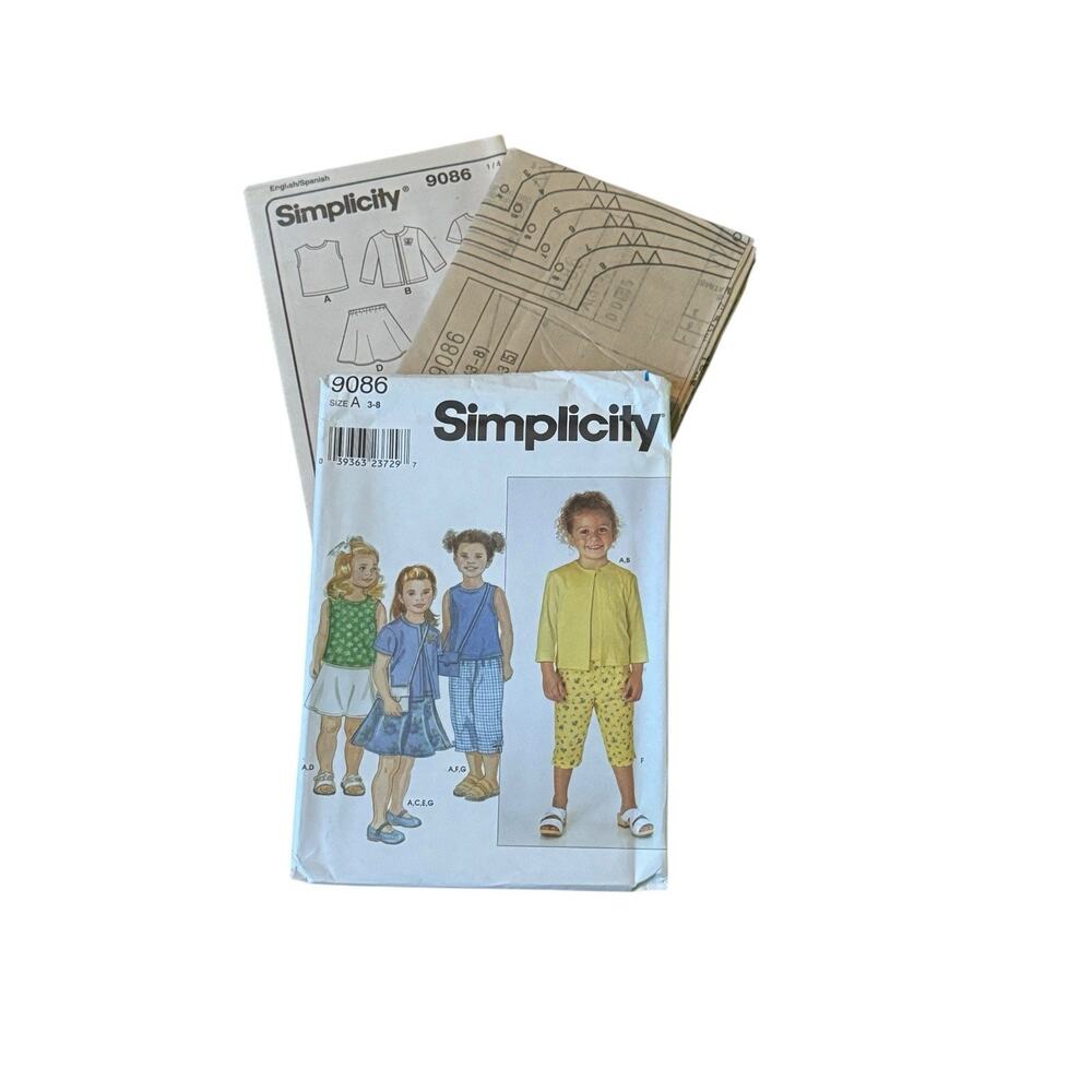 Simplicity 9086 Sewing Pattern Childs' Skirt Pants Purse Top Cardigan UNCUT 3-8